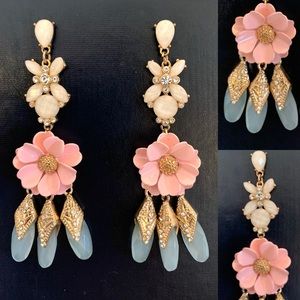 Pink Enamel Flower rhinestone Dangle Earrings chandelier 3” Tole Metal Flowers